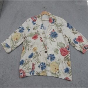 Vintage Joanna Blazer Women L Floral Linen Blend One Button Patch Pockets USA